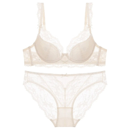 New Women Lace Flowers Embroidery Lingerie Set Sexy Hollow Thin Cup Push Up Bra Summer Comfort Underwear Adjustable Strap Bras