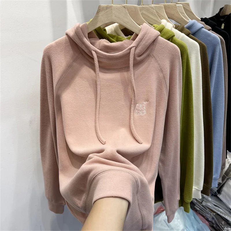 Women's Loose Fit Hoodie Korean Sle Embroidered Dstring Fce Lined Sweatirt Autumn Winter New Arrival