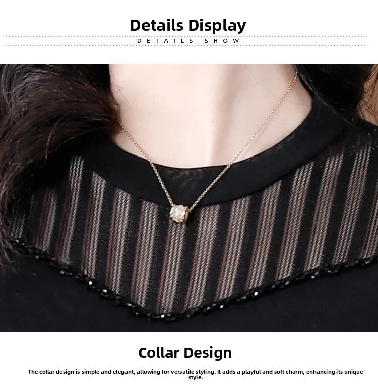 Lace Short Sleeve Slim Fit T-Shirt Women's Summer New Netting Thin Style round Neck Regular Length Pure Color Commute Style