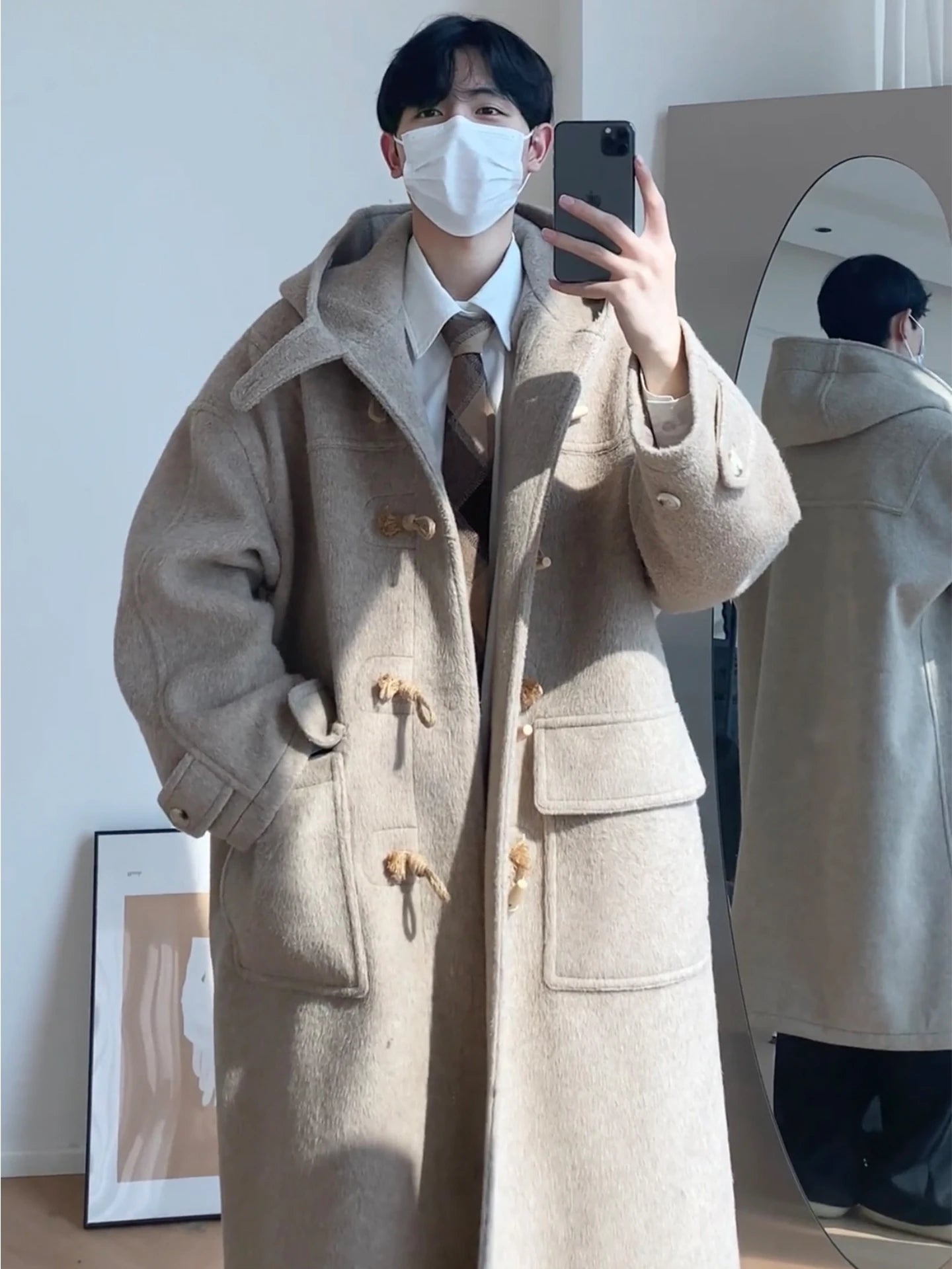 Japanese Style Woolen Coat with Horn Buttons Unisex Winter Loose Long Hooded Jacket Thickened Cotton Youthful Vitality Style