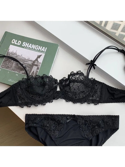 Sexy Lace Bra Set for Women Plus Size Half Cup Sheer Ultra Thin Nipple Concealed Erotic Lingerie Push Up Comfort Underwear Set