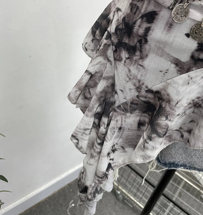 Women's Vintage Tie-dye Printed Mesh Spaghetti Strap Camisole Hot Girl Irregular Ruffled Ribbon Sleeveless Top Partyclub 1185