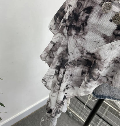 Women's Vintage Tie-dye Printed Mesh Spaghetti Strap Camisole Hot Girl Irregular Ruffled Ribbon Sleeveless Top Partyclub 1185