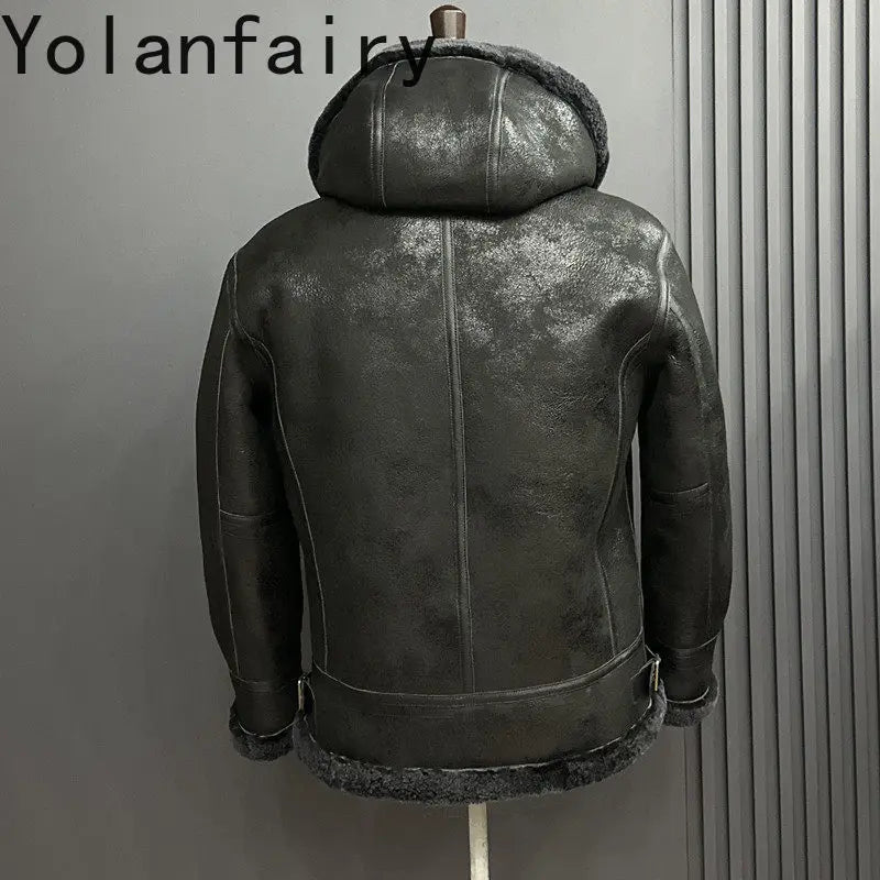 YOLANFAIRY 100% Genuine Sheepskin Leather Jacket Man Winter Warm Natural Fur Coat Motorcycle Jackets Men's Leather and Fur Coats