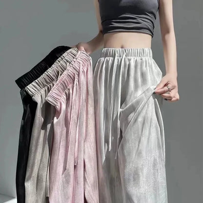 Summer Thin Ice Silk Satin Dyed Wide Leg Pants Women Loose Casual Drape High Waist Slimming Pants Ins Straight Leg Elastic Wa...