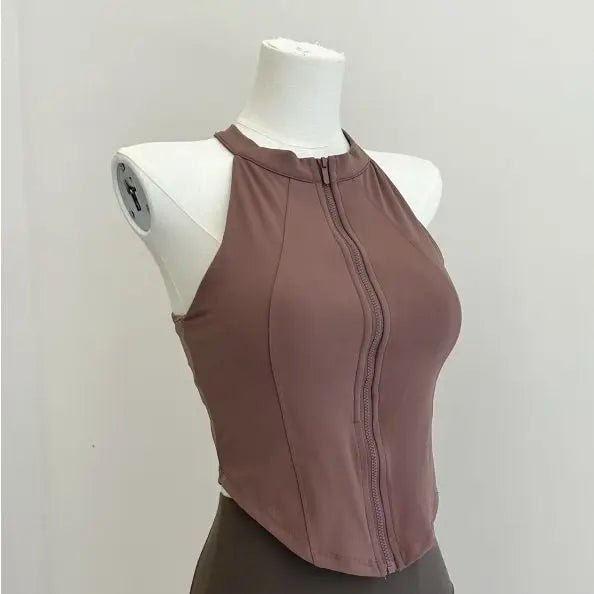 Women's Summer Sports Bra Top with Chest Pad Front Zipper Slim Fit Yoga Fitness Running Training Vest Comfortable Underwear