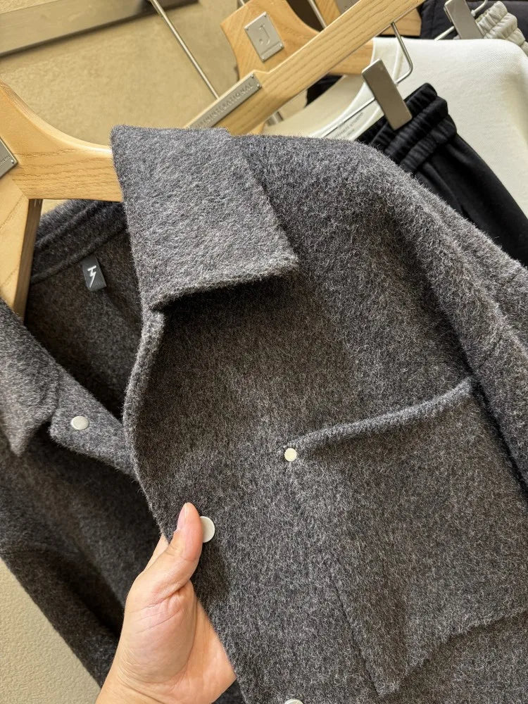Male Fashion Winter Warm Turn Down Collar Double Sided Jacket Single Breasted Trench Coat Long Sleeves Pocket Loose Fit Overcoat