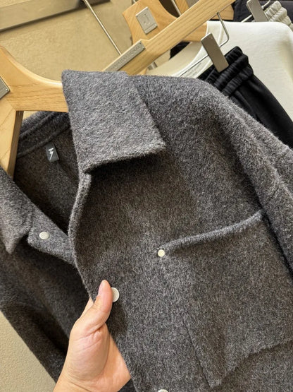Male Fashion Winter Warm Turn Down Collar Double Sided Jacket Single Breasted Trench Coat Long Sleeves Pocket Loose Fit Overcoat