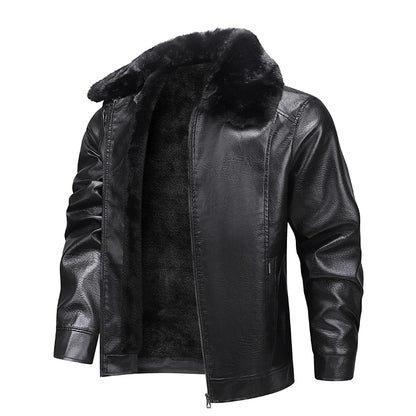 Fur Collar Men Faux Leather Jacket Winter Fleece Lined Biker Jackets Fashion Motorcycle Leather Coat Outwear Casual Streetwear