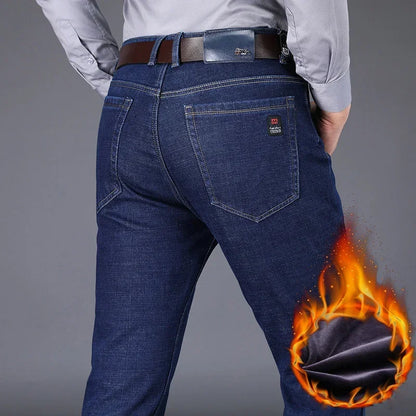 New Men's Fleece Warm Jeans Winter Thicken Plush Velvet Business Office Denim Trousers Brand Clothing Stretch Casual Male Pants