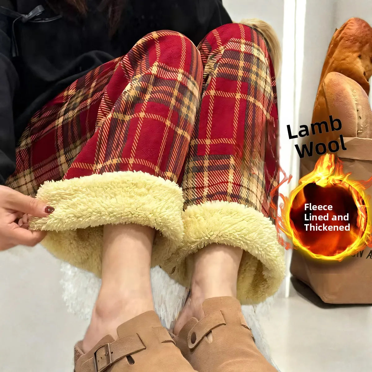Lamb Velvet Fce Lined Thi Plaid Casual Pants Women's Autumn Winter Loose Straight Leg Wide Leg Cotton Spwear Trousers