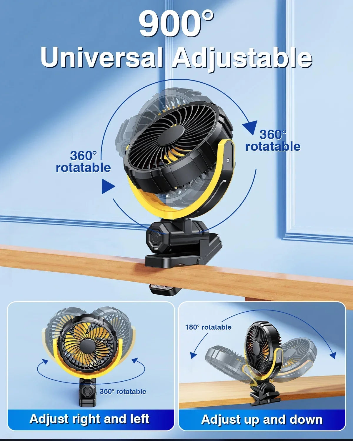 Battery Powered Car Fan 2000mAh Clip On Fan for Car Visor Quiet Rotate USB Rechargeable for SUV Van Truck Accessories