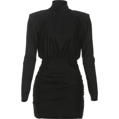 Sisterlinda Elegant Shoulder Padded Dress Women Turtleneck Ruched Sexy Classic Office Commute Simple Peach Hip Slim Mini Bodycon