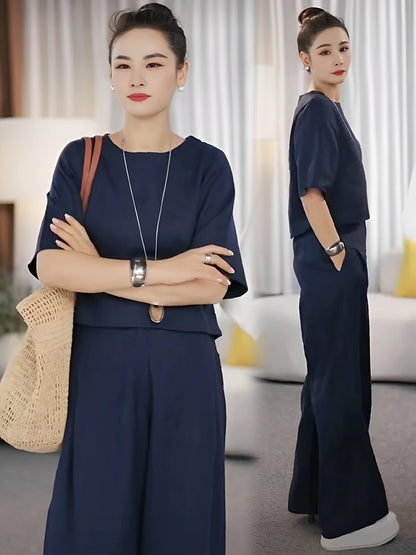 Elegant Fashionable Linen Wide Leg Pants Set Women's Summer New Design Unique Two Piece Suit Casual Commute Style round Neck
