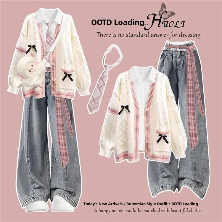 Korean Style Winter College Fashion Knitted Cardigan Jacket Beautiful Unique Miu Series Sweater Three Piece Set High Waist Pa...