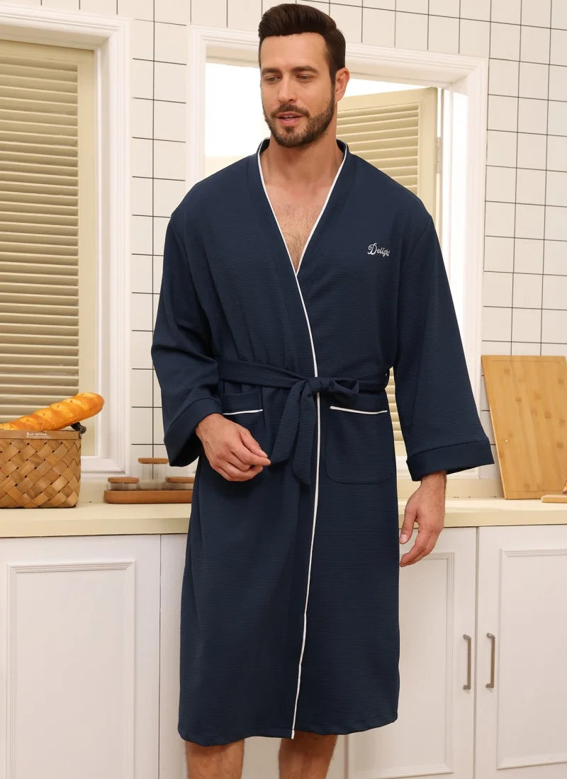 Mens Waffle Knit Quick Dry Bathrobe Absorbent Kimono Robe with Pockets White Piping Trim Soft Lightweight Mens Spa Loungewear