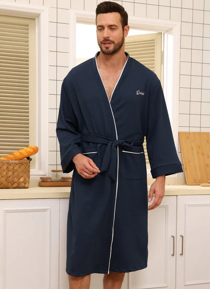 Mens Waffle Knit Quick Dry Bathrobe Absorbent Kimono Robe with Pockets White Piping Trim Soft Lightweight Mens Spa Loungewear