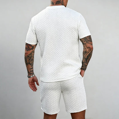 Men Knit Jacquard Henley 2 Piece Set Short Sleeve Drawstring Waist Breathable Lightweight Summer Daily Sport Travel Tracksuit