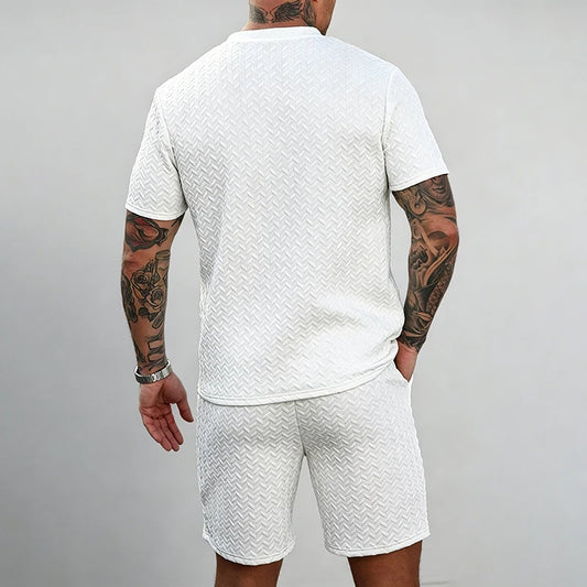 Men Knit Jacquard Henley 2 Piece Set Short Sleeve Drawstring Waist Breathable Lightweight Summer Daily Sport Travel Tracksuit