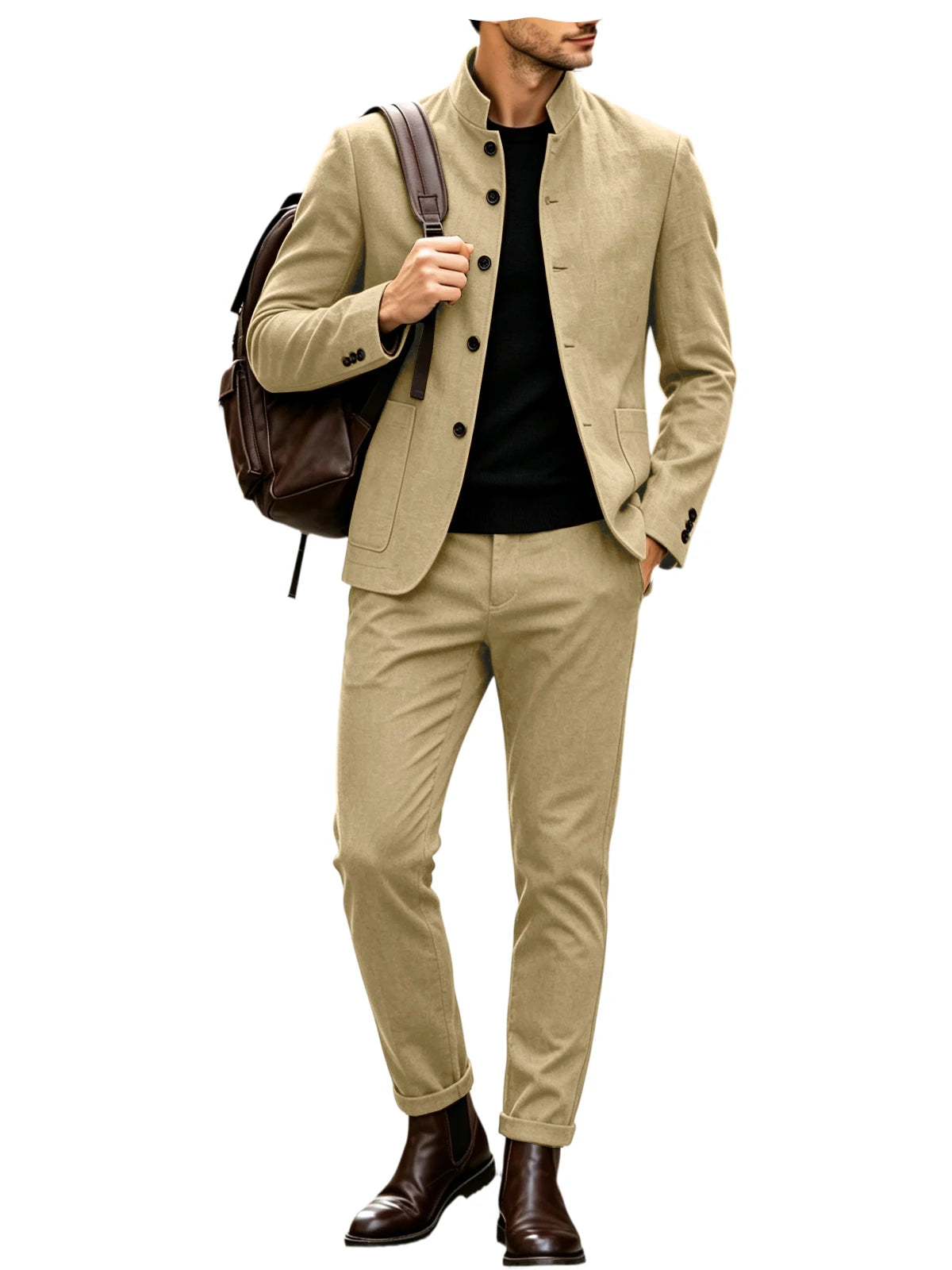 Men's Linen Stand Collar Suit 2-Piece Blazer & Pants Set Slim Fit Business Casual Tuxedo Jacket Trousers Formal Wedding Outfit
