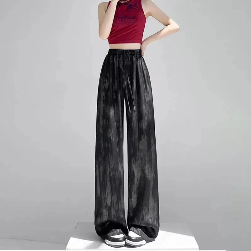 Summer Thin Ice Silk Satin Dyed Wide Leg Pants Women Loose Casual Drape High Waist Slimming Pants Ins Straight Leg Elastic Wa...