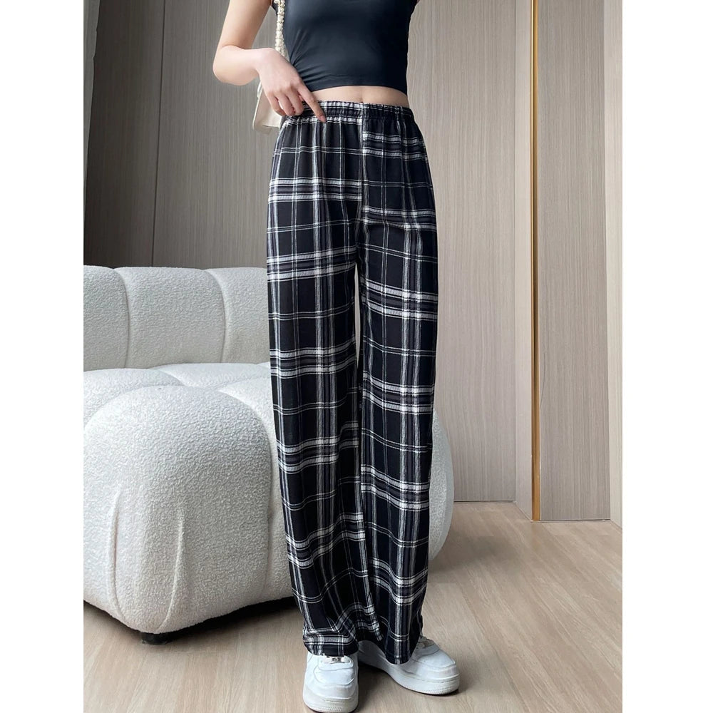 Lamb Velvet Fleece Lined Thick Plaid Casual Pants Women's Autumn Winter Loose Straight Leg Wide Leg Cotton Sleepwear Trousers