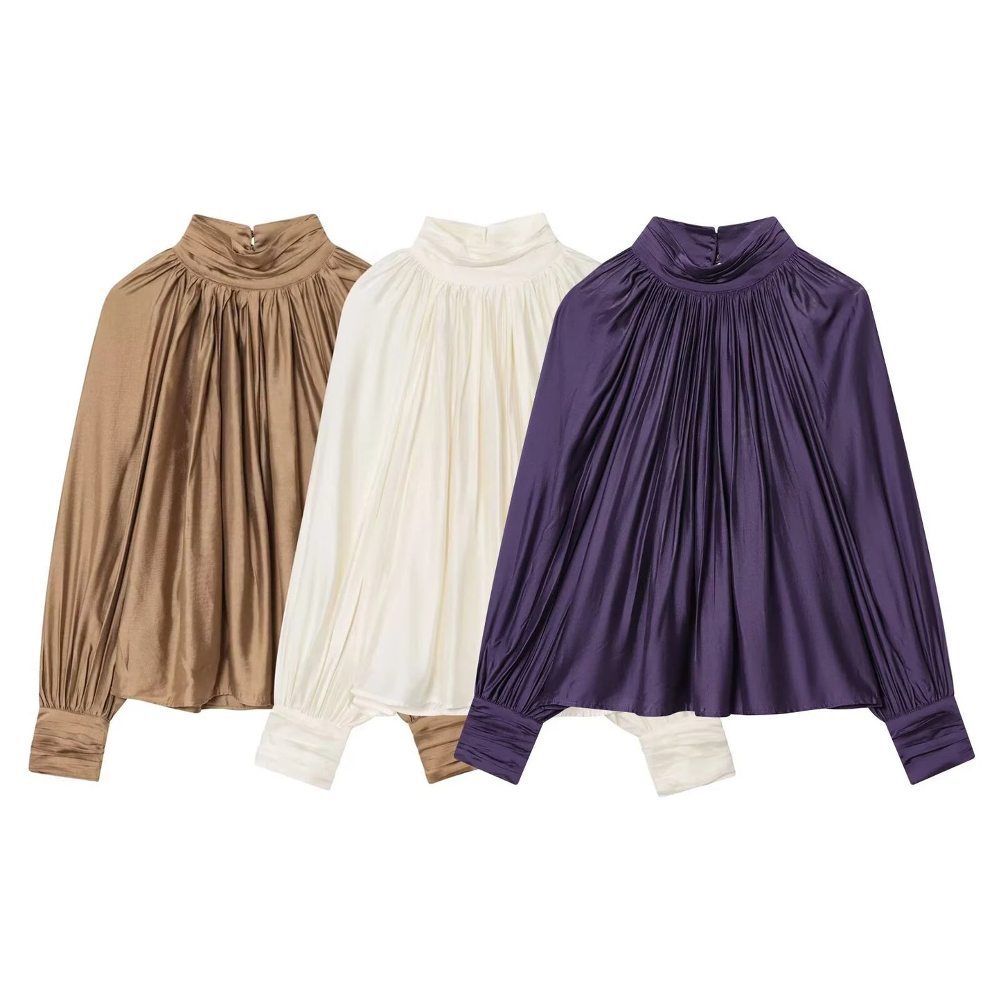 Spring new women's clothing minimalist style stand up collar shoulder inserted lantern long sleeved pleated top