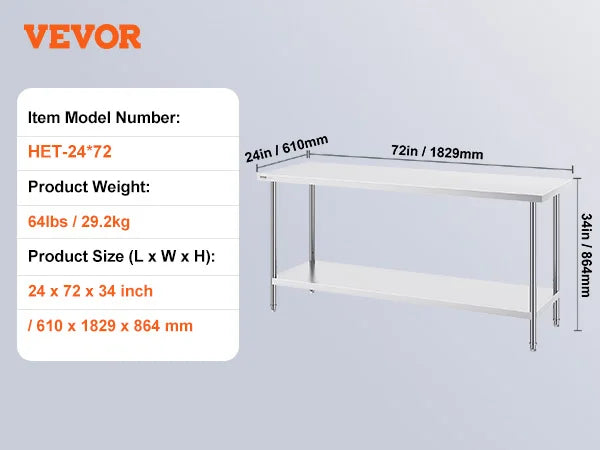 SucceBuy 4 Size Stainless Steel Prep Table Heavy Duty Metal Worktable Commercial Work Table for Restaurant and Home