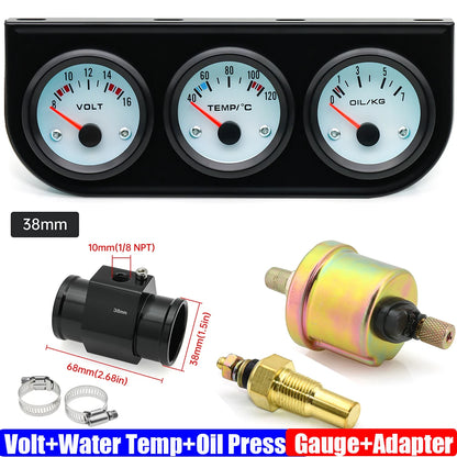 3IN1 Triple Meter Kits Gasoline Car 12V 52mm Voltage+Water Temp+Oil Pressure Gauge with Sensor Radiator Hose Adapter 26MM-40MM