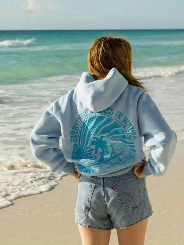 Retro American Oceanic Embroidered Pure Cotton Fleece Hoodie Women's Loose Casual Hat Shirt Autumn Winter Spicy Girl