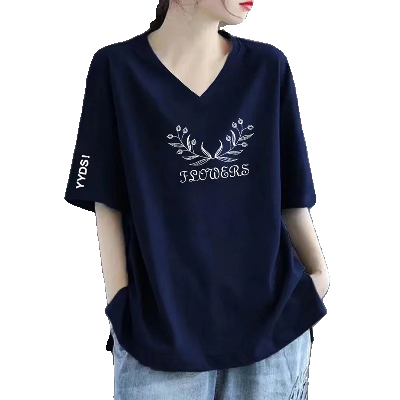100% Pure Cotton V-Neck Short Sleeve T-Shirt Women's Loose Fashionable Printed Mom Top Trendy Korean Style Summer Wear
