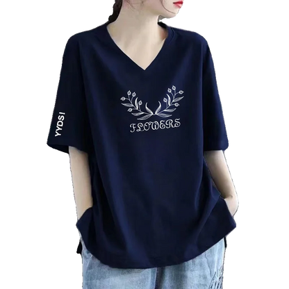 100% Pure Cotton V-Neck Short Sleeve T-Shirt Women's Loose Fashionable Printed Mom Top Trendy Korean Style Summer Wear