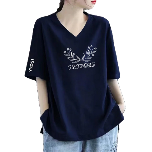100% Pure Cotton V-Neck Short Sleeve T-Shirt Women's Loose Fashionable Printed Mom Top Trendy Korean Style Summer Wear
