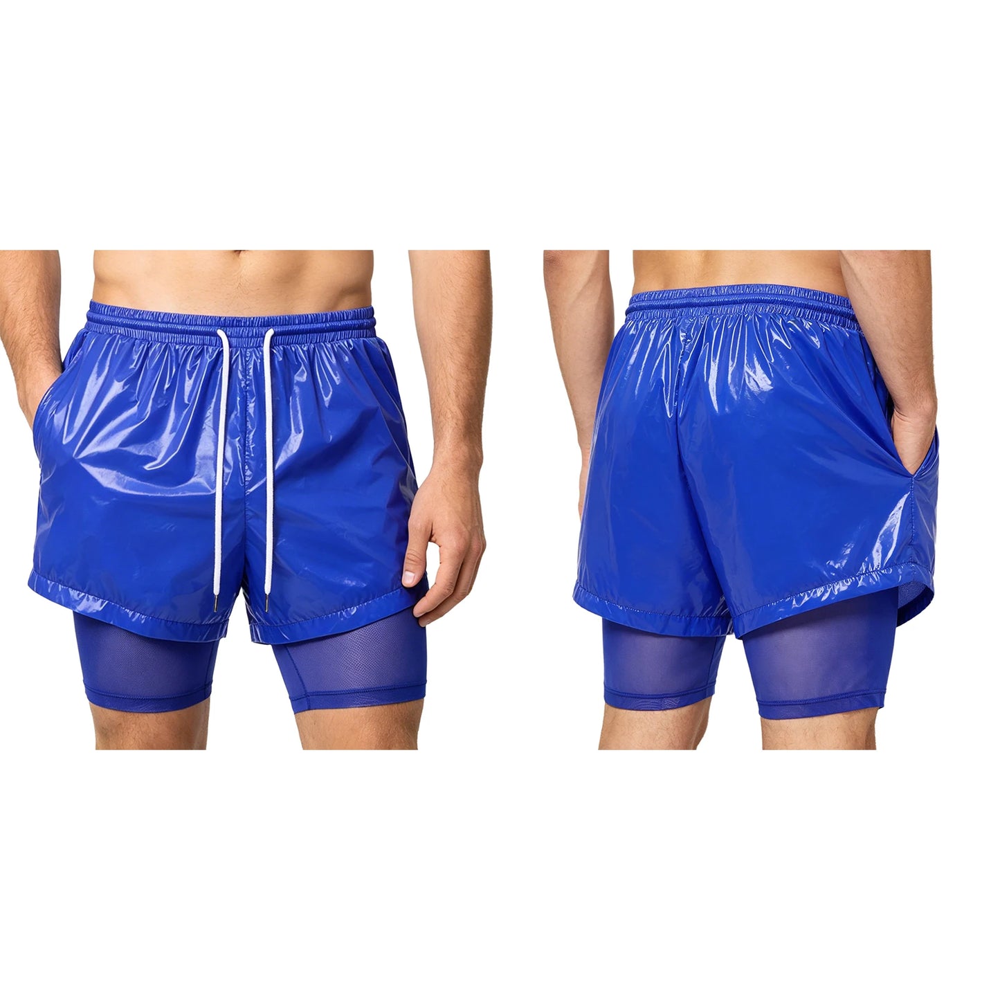 Men Oil Glossy Cargo Shorts Waterproof Elastic Waist Band Multi-pocket Zipper Overalls Capri Pants Dance Clubwear Beach Swimwear