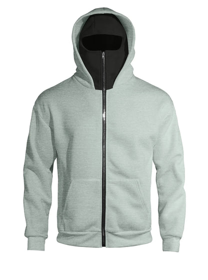 Men's Full Zip Hoodie with Built-in Face Mask Balaclava Techwear Sweatshirt with Crossbody Strap Tactical Streetwear Top