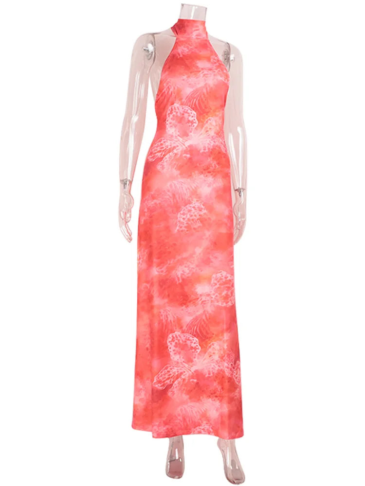 CNYISHE Prints Mesh Sheer Halter Sleeveless Backless Sheath Fashion Holiay Outfits Chic Sexy Club Women Dresses Female Bodycon
