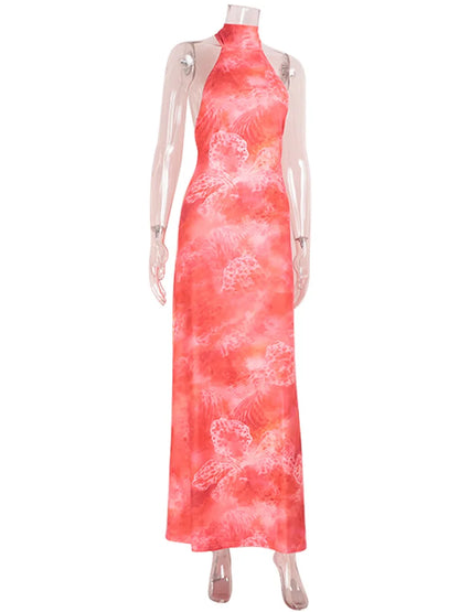 CNYISHE Prints Mesh Sheer Halter Sleeveless Backless Sheath Fashion Holiay Outfits Chic Sexy Club Women Dresses Female Bodycon