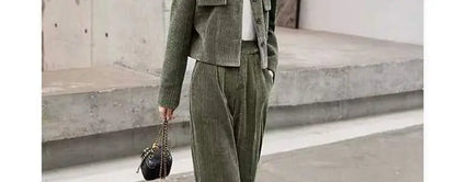 Fashionable Corduroy Set Women's Autumn Winter New Style Elegant Lady Fragrance Wind Coat Wide Leg Pants Two Piece Suit