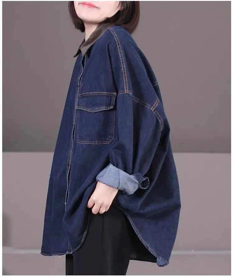 Loose Fit Women's Korean Style Corduroy Denim Shirt Jacket  Collar Splicing Oversize Outerwear Commute Fashion