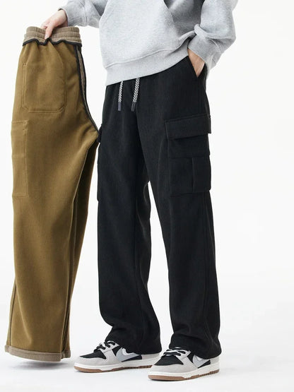 Winter Woolen Cargo Pants Thickened Men Casual Pants Solid Trousers Straight Leg Outdoors Streetwear Comfortable Fabric Unisex