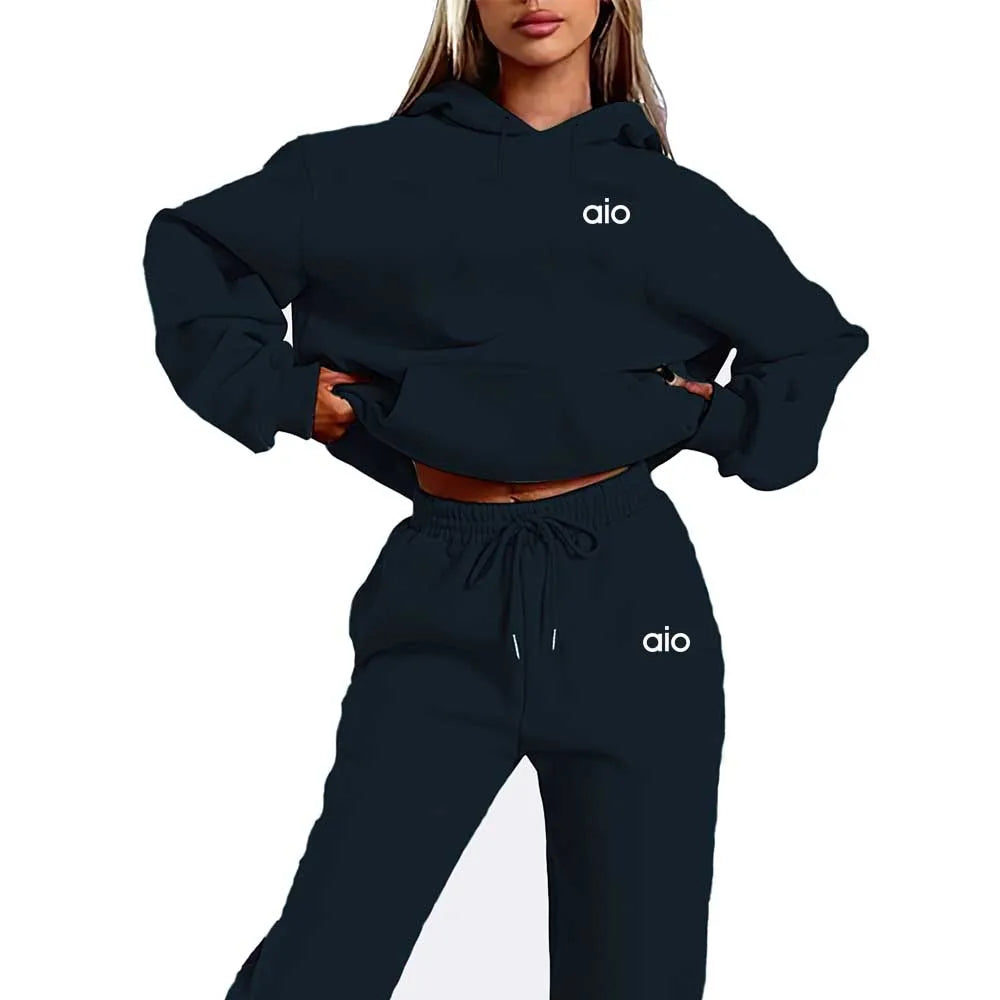 Autumn and Winter Fashion Print Two-Piece Set: Elegant Lounge Sweater with Long Sleeves and Fleece Lining, Plus Drawstring Joggi