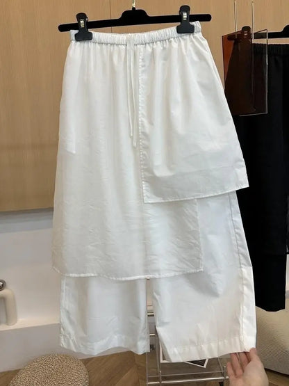 Summer European Style Women Two-piece Spliced Pants High Waist Loose Straight Leg Cropped Trousers Design Slim Casual Pants