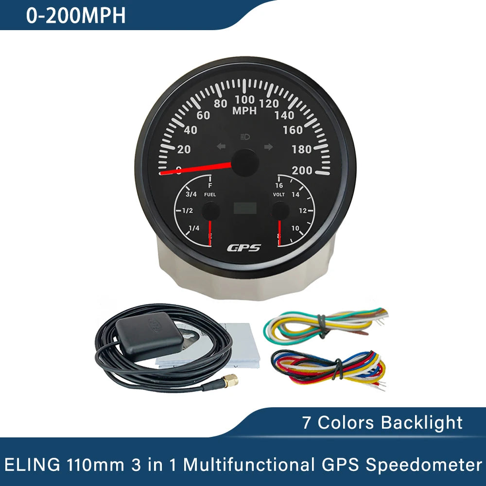 ELING 110mm 3 in 1 Multifunctional 120km/h 200MPH GPS Speedometer with Fuel Level Voltmeter 7 Colors Backlight for Car Universal