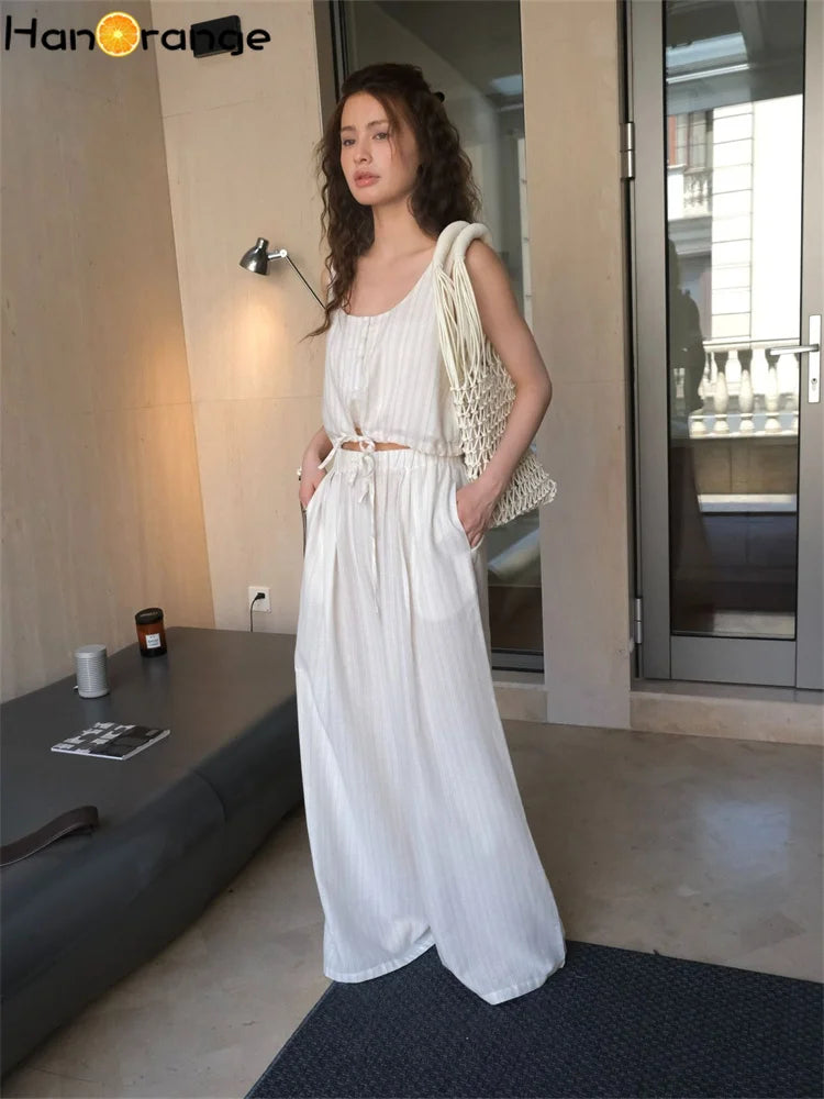 HanOrange 2026 Summer Vacation Stripe Loose Casual Pants Women Loose Wide Legs Breathable Trousers White Coffee/Blue White