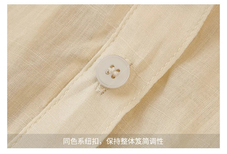 100% Ramie Thin Breathable Women Shirt Chic French Lapel Single-Breasted Cardigan Ladies Loose Simple Long-Sleeved Shirts