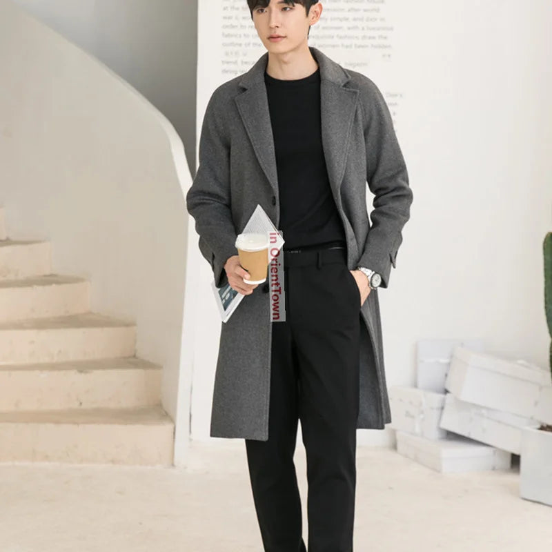 Thickened Slim Fit Lapel Trench Coat for Autumn and Winter Long Woolen Overcoat for Men Double-Sided Woolen Cashmere Windbreaker