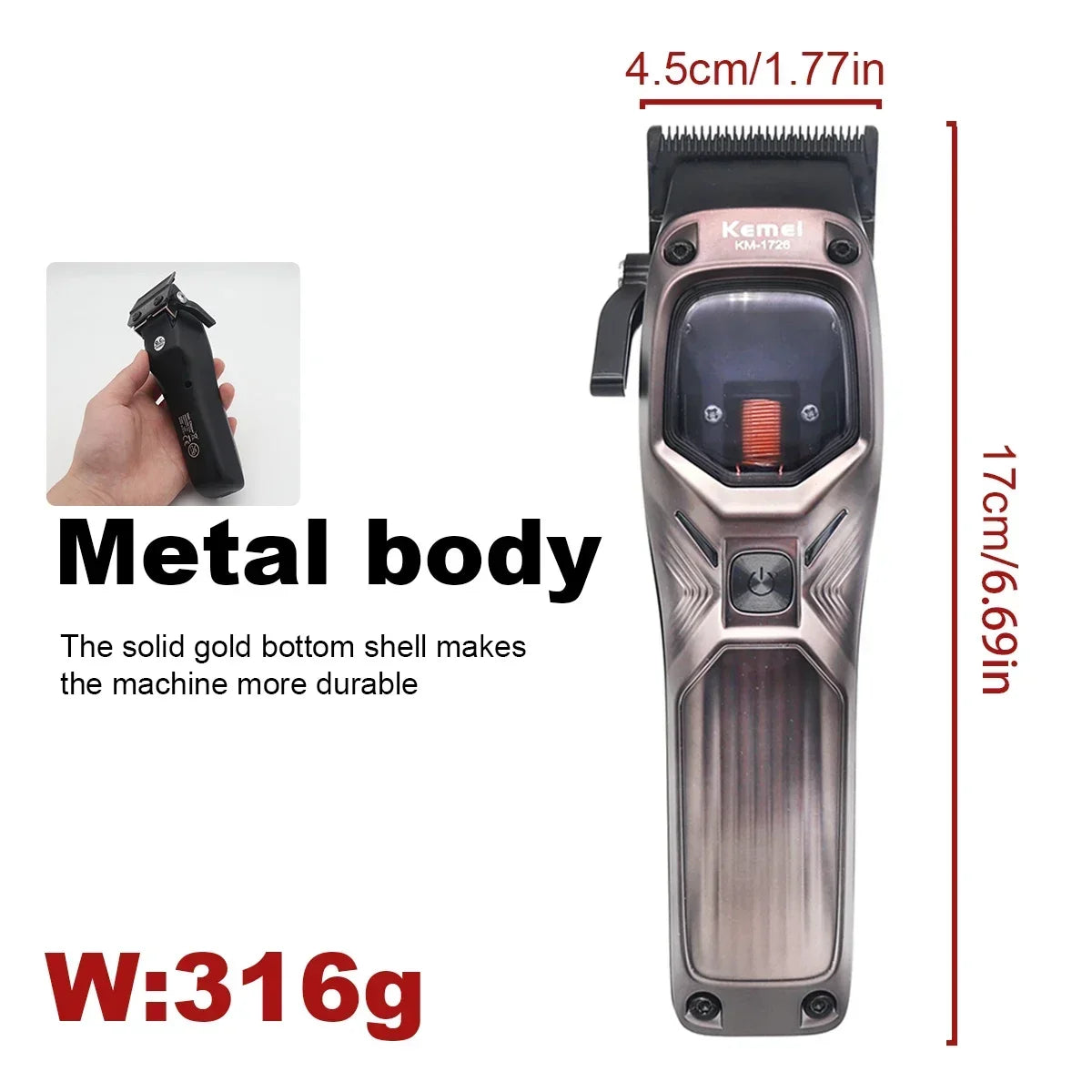 KEMEI KM-1726 Professional Hair Clipper for Men with DLC Blade 10000RPM Magnetic Vector Motor Men's Haircut Machine Barber Shop