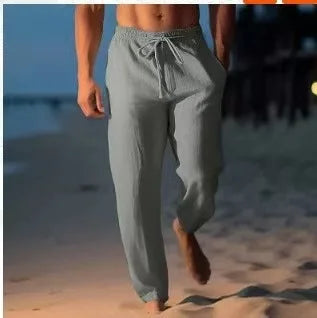 2026 new fashionable casual cotton and linen pants, solid color and ankle pants, plus size men's drawstring casual sports pants
