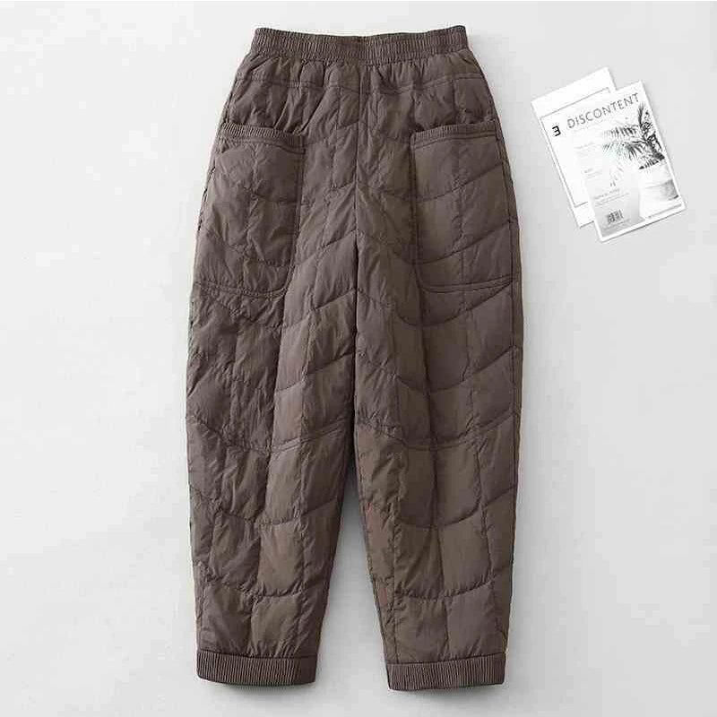 Women's Quilted Pants Casual Lightweight Thickened Warm Harem Style Straight Leg High Waist Long Trousers Winter Fashion