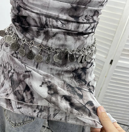 Women's Vintage Tie-dye Printed Mesh Spaghetti Strap Camisole Hot Girl Irregular Ruffled Ribbon Sleeveless Top Partyclub 1185